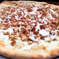 Chicken Bacon Ranch · 18 inch cheese pizza topped with breaded chopped chicken, bacon, and drizzled with ranch