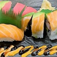 Rainbow Delight · Crab, avocado, cucumber, salmon, tuna, Salmon Nigiri (2-pc), Tuna Nigiri (2-pc)