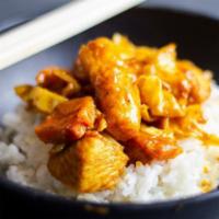 Dakgalbi With Rice · Marinated chicken stir fried with vegetables in a spicy marinade.