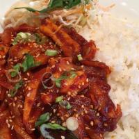 Stir Fried Squid With Rice · Stir fried squid with vegetables in a gochujang marinade.