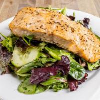 Atlantic Salmon · Oven-roasted salmon served with mixed green and extra virgin olive oil dressing