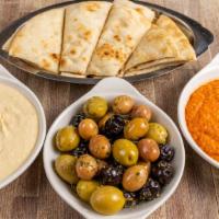Mix Plate · Olive Sampler, Red Pepper Spread, Hummus.
