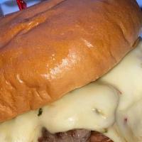 Cheesebacon Burger · Fresh Handcrafted Burger, American cheese, crispy bacon, caramelized onions, BB Avocado aiol...