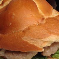 Turkey Burger · Fresh Handcrafted Burger, Caramelized onions, BB Avocado aioli sauce, lettuce, tomato, pickl...