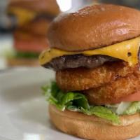 Premium Burger · Fresh Handcrafted Burger, onions rings, BB Avocado aioli sauce, cheese, lettuce, tomato, pic...