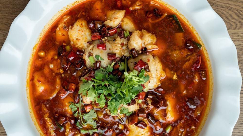 Braised Fish In Spicy Chili Broth · Extra hot. Braised filet of sole with beansprout in spicy chili broth.