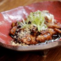 Black Miso Chicken · Broiled dark meat chicken, crushed walnuts and black sesame, black miso balsamic sauce, topp...