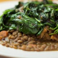 The Body Toner Gym Plate · Grilled chicken topped with steamed spinach and lentils, dressed with a subtle citrus blend.