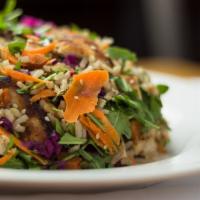 Sesame Ginger Rice Bowl · Favorite. Sliced grilled chicken, watercress, scallions and red cabbage. Tossed with brown r...