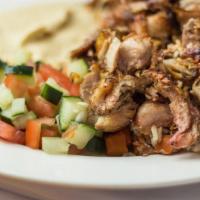Chicken Shawarma Platter · Seasoned and marinated thinly slices of chicken with lettuce, tomato and red onions. Topped ...