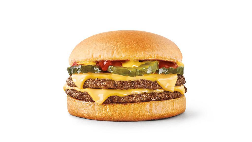 Quarter Pound Double Cheeseburger · A classic American icon made with Sonic style. Two pure beef Jr. Hamburgers layered with two thick slices of melty American cheese, condiments, and pickles.