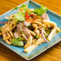 Laab Hed · Chopped mushroom tossed w/ spicy lime dressing, red onion, roasted rice, chili and mint leav...