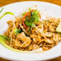 Pad Thai · Stir fried fresh rice noodles w/ beansprouts, chive, scallion, roasted peanuts.
