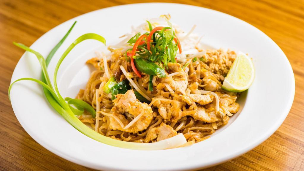 Pad Thai · Stir fried fresh rice noodles w/ beansprouts, chive, scallion, roasted peanuts.