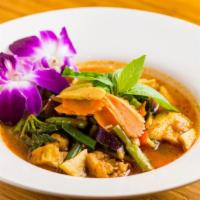 Jungle Curry · Fried tofu, string beans, onion, mushroom bell peppers in kang PA curry paste.