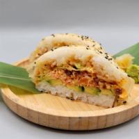 Sushi Burger Kani  · soy papper rice .kani ,avocado,crunch,teriyaki,spicy and crunh