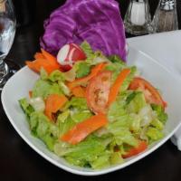 Green Salad · Romaine lettuce, tomatoes and carrots. Served with house dressing. Add Cheese for an additio...