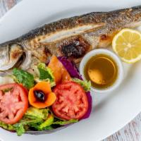 Grilled Bronzini · Mediterranean sea bass .served with green salad.