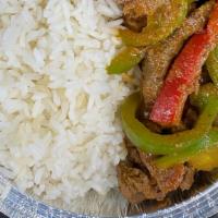 Pepper Steak · Strips of tender beef with peppers and onions, in sauce.