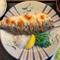 -4. Grilled Mackerel Plate · Grilled Mackerel, lettuce salad, spinach, side dish with miso soup