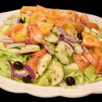 House Signature Salad · Fresh green lettuce mix, tomatoes, black olives, red onions, bell peppers, and shredded mozz...