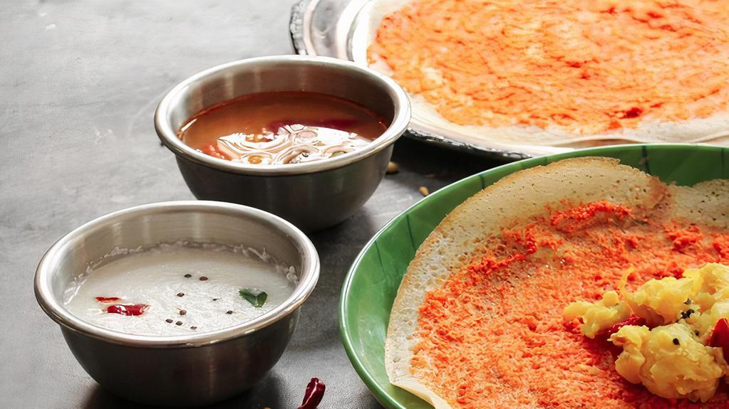 Sada (Plain) Dosai · Plain Rice & lentil crepes, served with sambar, coconut & tomato chutney.