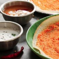 Cheese Sada Dosai · Spiced rice & lentil crepes, served with sambar, coconut & tomato chutney.