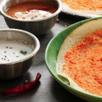 Mysore Sada Dosai · Spiced rice & lentil crepes, served with sambar, coconut & tomato chutney.