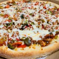 Pizza Primavera (Veggie) · Tomato sauce, mozzarella, eggplant, broccoli, mushrooms & roasted peppers.