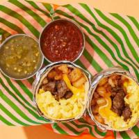 Sleepy Sausage Breakfast Burrito · Two scrambled eggs with delicious breakfast sausage, crispy potatoes, melted cheese, and car...