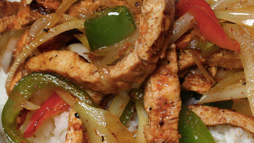 Grilled Chicken Fajitas Mexican Bowl · Jasmine white rice, sauteed red & green bell peppers and white onion.