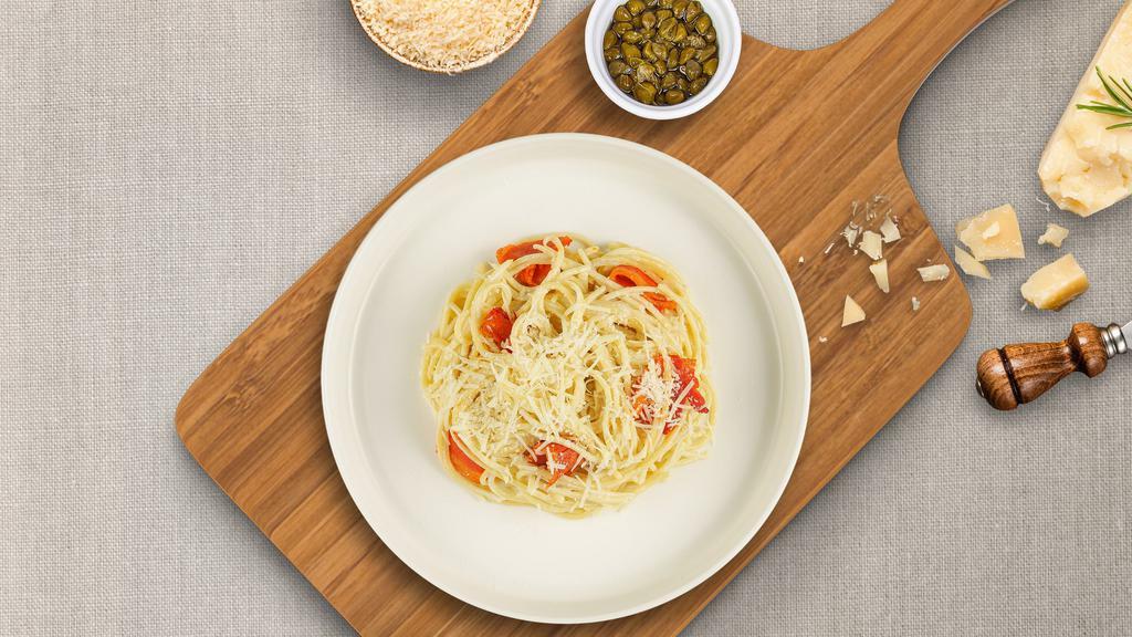 Crime Of Carbonara · Classic Italian pasta dish made with eggs, Parmigiano-Reggiano cheese, pancetta, and black pepper.