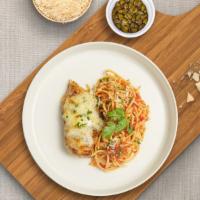 Chicken Parm Entree · Freshly baked chicken parmesan served with rossa (red) sauce spaghetti and drizzled with par...
