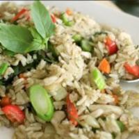 Green Curry Fried Rice · Rice, egg, bell pepper, eggplant, basil, soy sauce, sugar, green curry paste, chopped scalli...