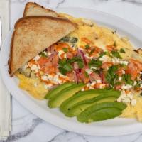 Mediterranean Omelette · 3 Eggs w/ Broccoli, Spinach, Onions, Peppers, Tomato, Feta Cheese, Topped w/ Chipotle Sauce