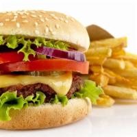 The Cheeseburger · Exquisite cheeseburger with lettuce, tomatoes, onions, beef patty and cheese on top.