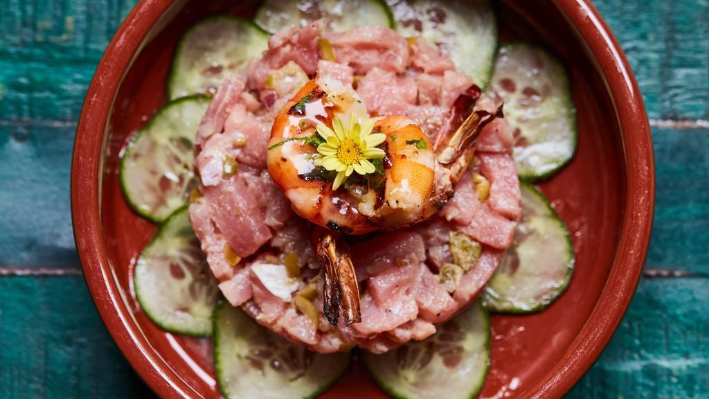 Sicilian Ceviche · Mediterranean tuna, capers, olives, red onion, ginger, shrimp , cured in citrus,
