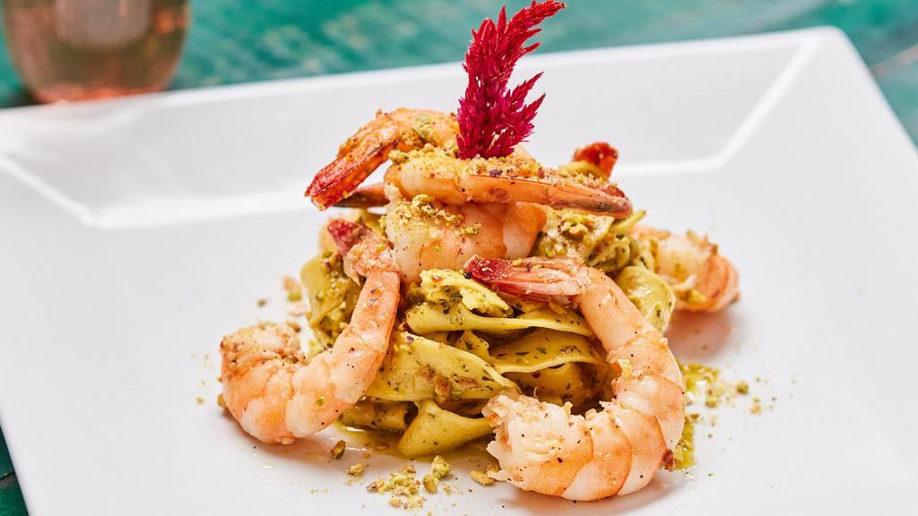 Gamberi E Pistacchio · Pistachio pesto, shrimp, basil, handmade pappardelle pasta. dairy free. *not available gluten free*