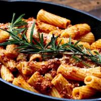 Vegan Ragu · beyond meat plant-based protein, DOP San Marzano tomato sauce, rigatoni pasta. dairy free. a...