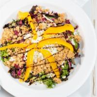Fusion Bistro Salad · Baby field greens topped with walnut-gorgonzola gremolata, yellow peppers, balsamic vinaigre...