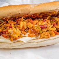 Chicken Cheese Steak Sandwich · Onions, peppers, Cheddar cheese and chopped grilled chicken.