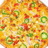 Slammin Pizza · Tikka Masala sauce, Mozzarella, Paneer, Fresh Jalapenos, Red Peppers, Onions, Cilantro