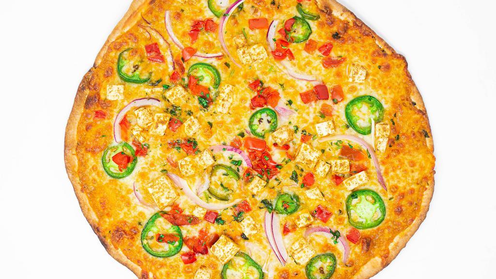 Slammin Pizza · Tikka Masala sauce, Mozzarella, Paneer, Fresh Jalapenos, Red Peppers, Onions, Cilantro