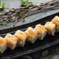 American Dream Roll · spicy crunch salmon, avocado topped w. lobster salad & sweet miso sauce.
