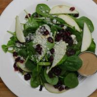 Baby Spinach Salad · Pears, pine nuts, dried cranberries, crumbled blue cheese, honey balsamic.