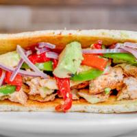 Fajita Panini · Grilled chicken, roasted peppers, hot peppers, avocado, red onions.