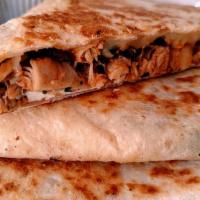 Roasted Chicken Quesadilla · Roasted chicken, onions, peppers, cilantro, cheddar and Oaxacan cheese, served with guacamol...