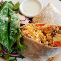 Lunch Burrito · Grilled chicken, rice, beans, guacamole, pico de gallo cheddar cheese, served with salad.