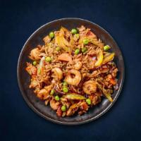 Sumo Shrimp Fried Rice · Long grain aromatic rice wok tossed with shrimp, fresh mixed vegetables, and Indo-Chinese sh...