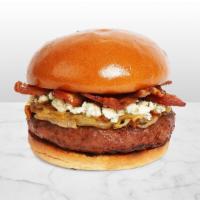 The Moody Blues Burger · Beef patty with crisp bacon, caramelized onions, mayo, and blue cheese crumbles on a fluffy ...